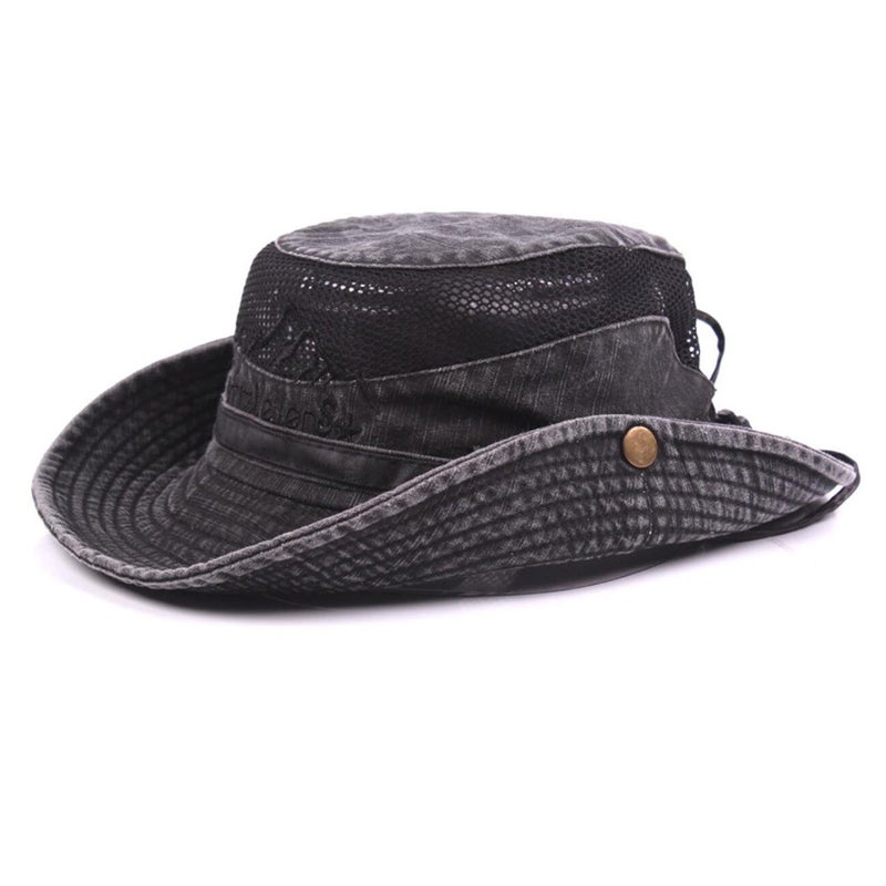 KeepSa Sun Hat for Men, Cotton Embroidery Summer Outdoor Sun Protection Wide Brim Bucket Hat Foldable Safari Boonie Hat Black - Image 1